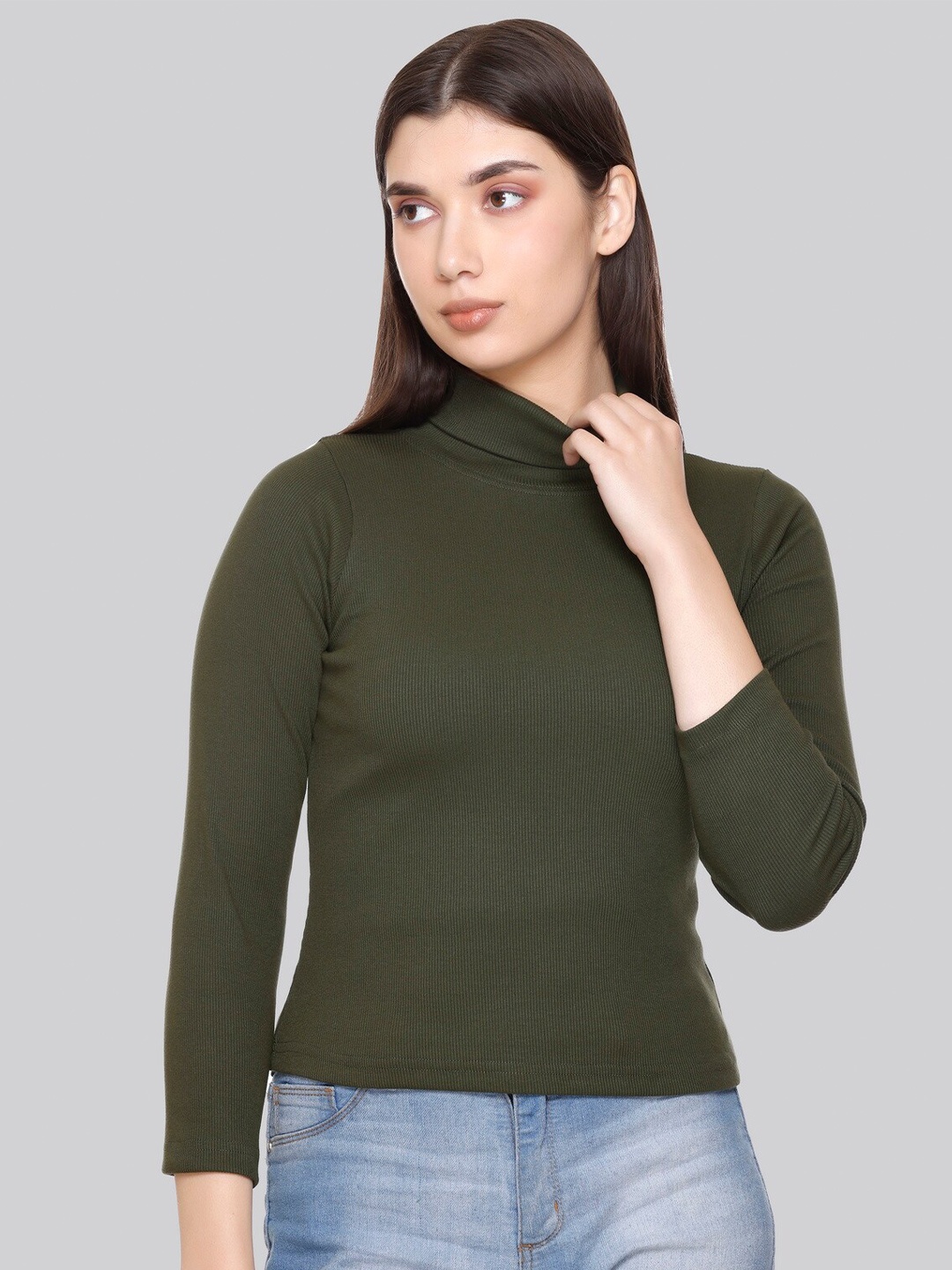 

PLUSH PUSH THE FASHION High Neck Three-Quarter Sleeves Top, Olive
