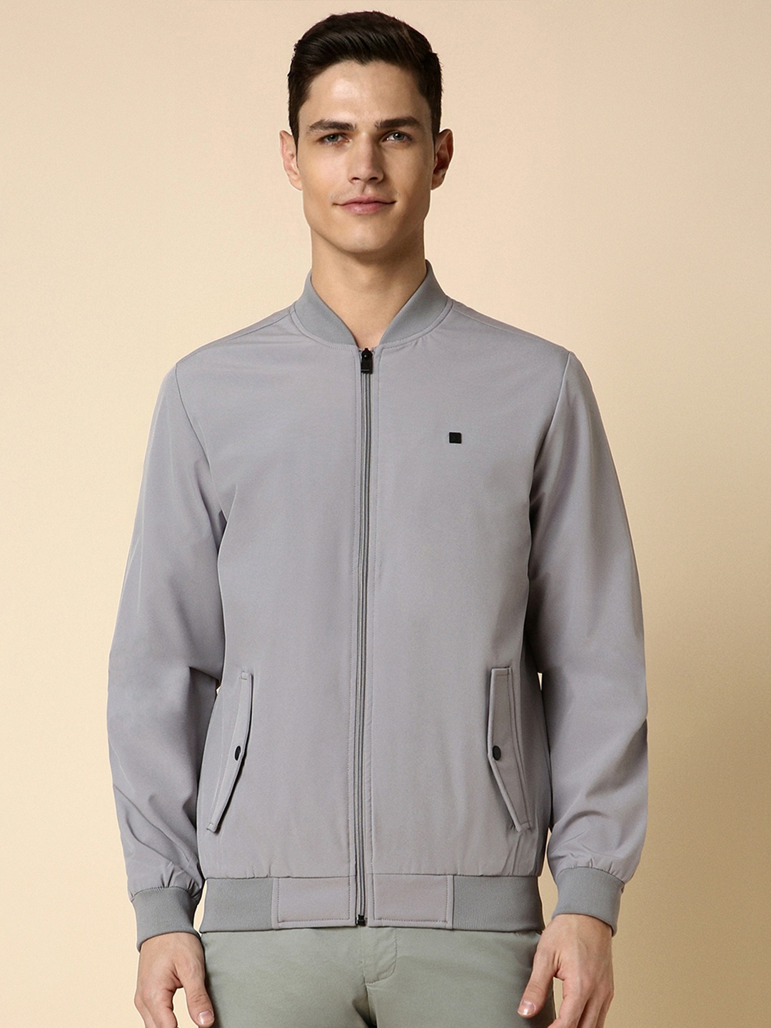 

Allen Solly Stand Collar Long Sleeves Cotton Bomber Jacket, Grey