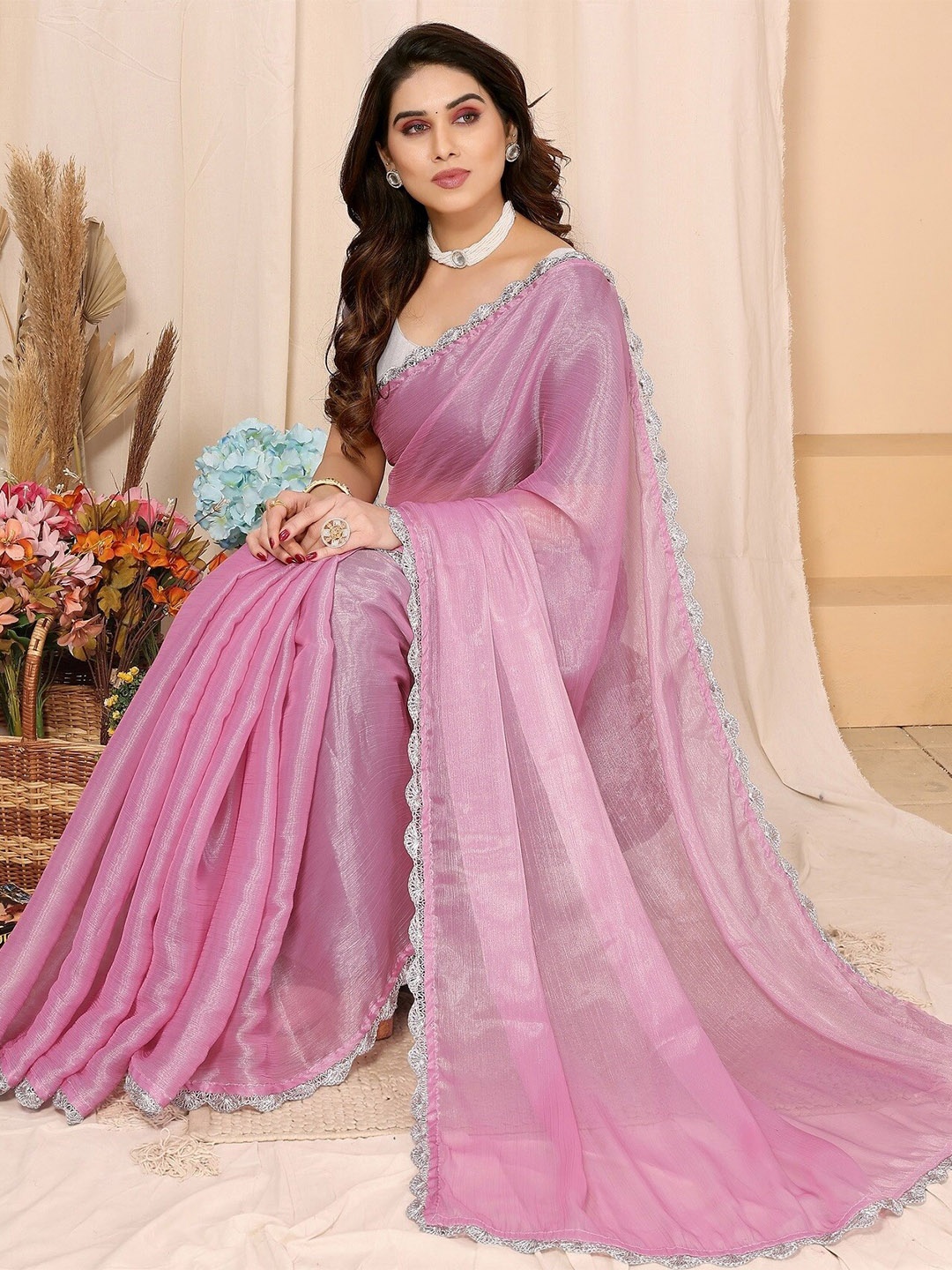 

FABMORA Embroidered Embellished Saree, Pink
