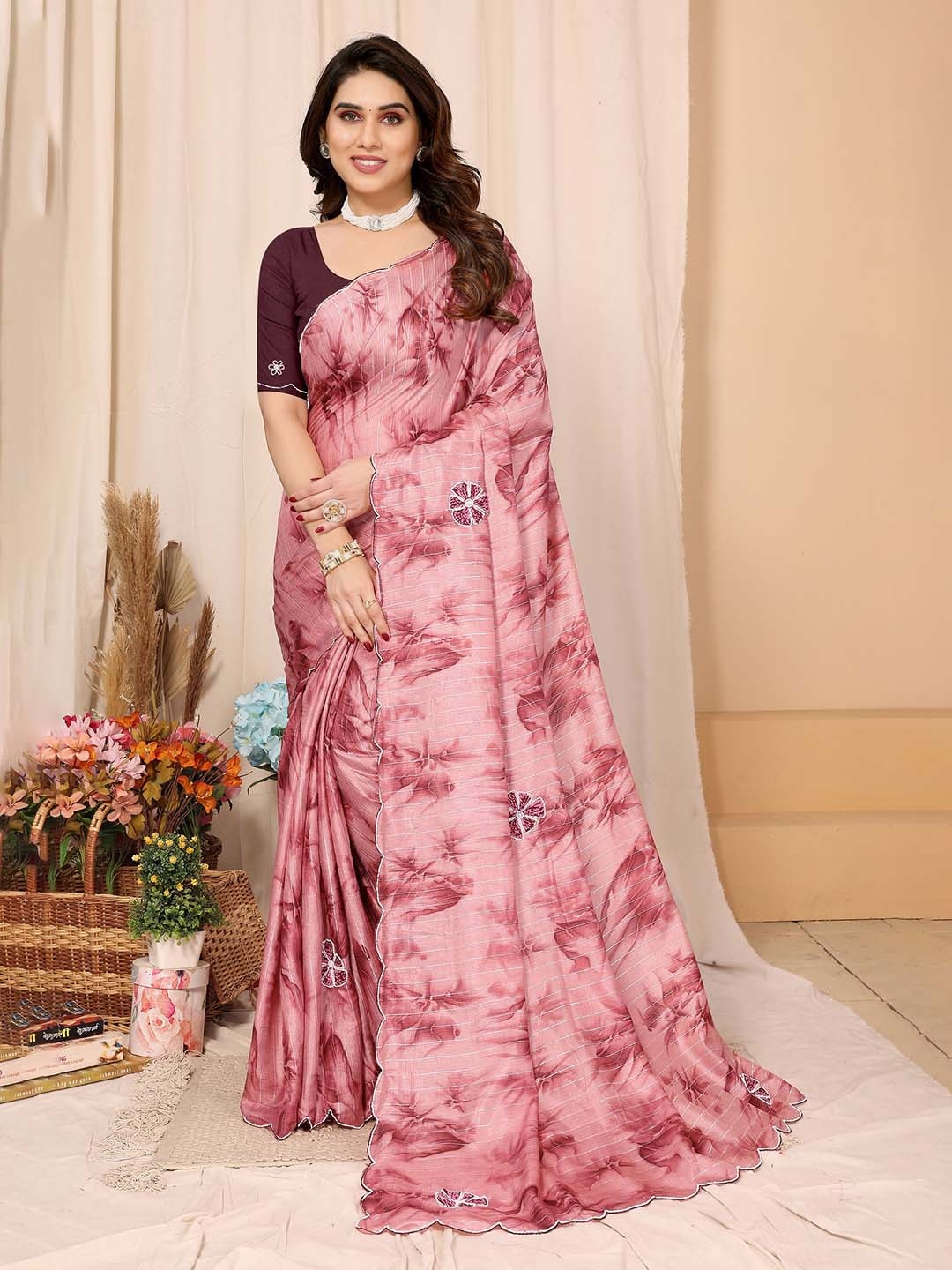 

FABMORA Floral Embroidered Silk Cotton Saree, Pink