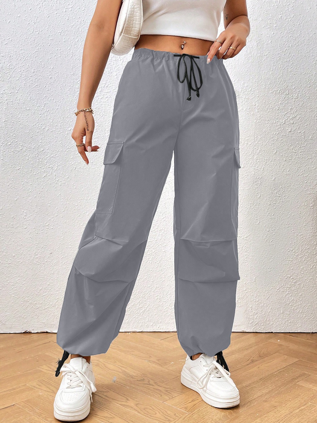 

AAHWAN Women Loose Fit High Rise Drawstring Cotton Cargos Trousers, Grey
