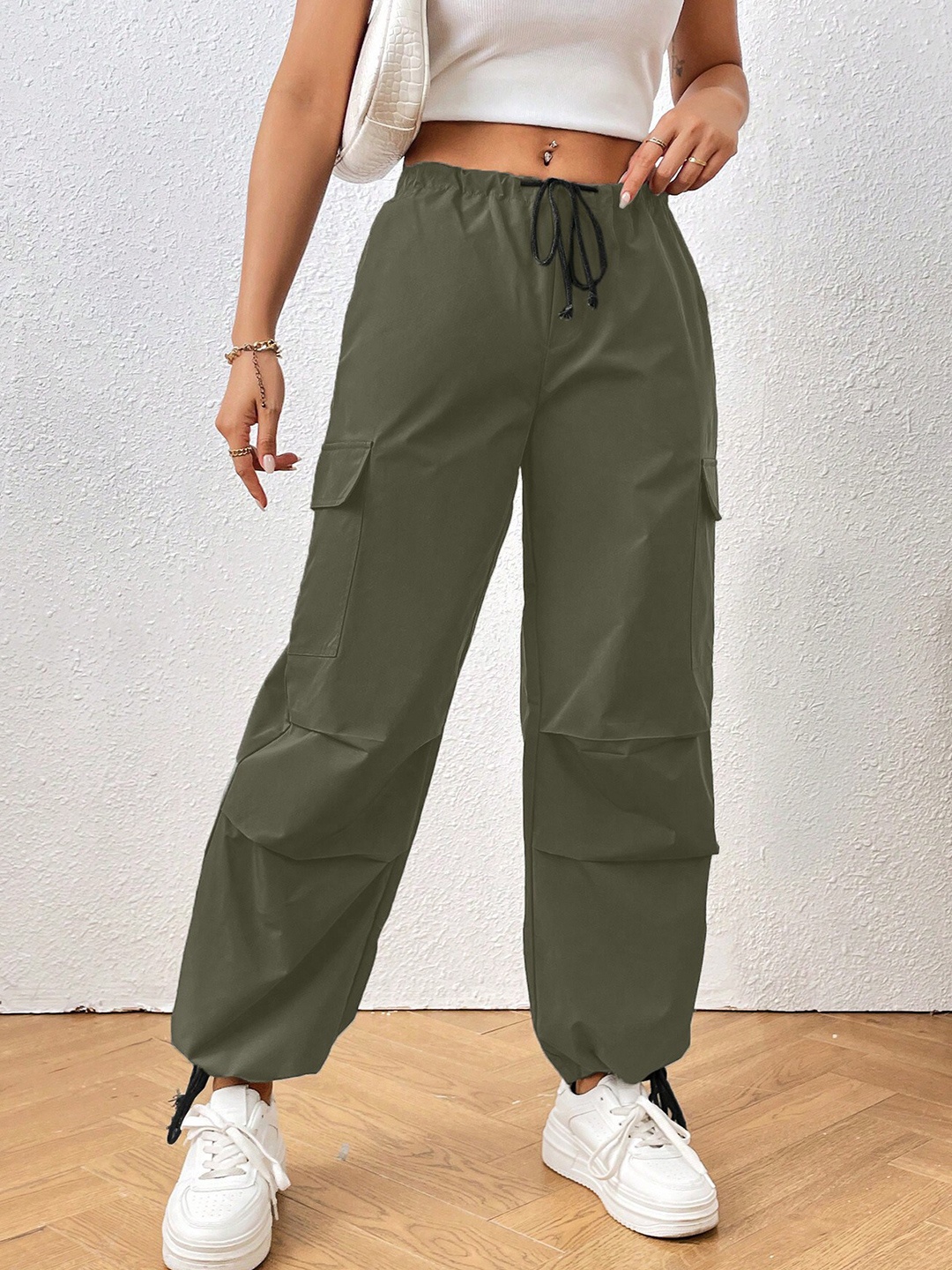 

AAHWAN Women Loose Fit High Rise Drawstring Cotton Cargos Trousers, Green