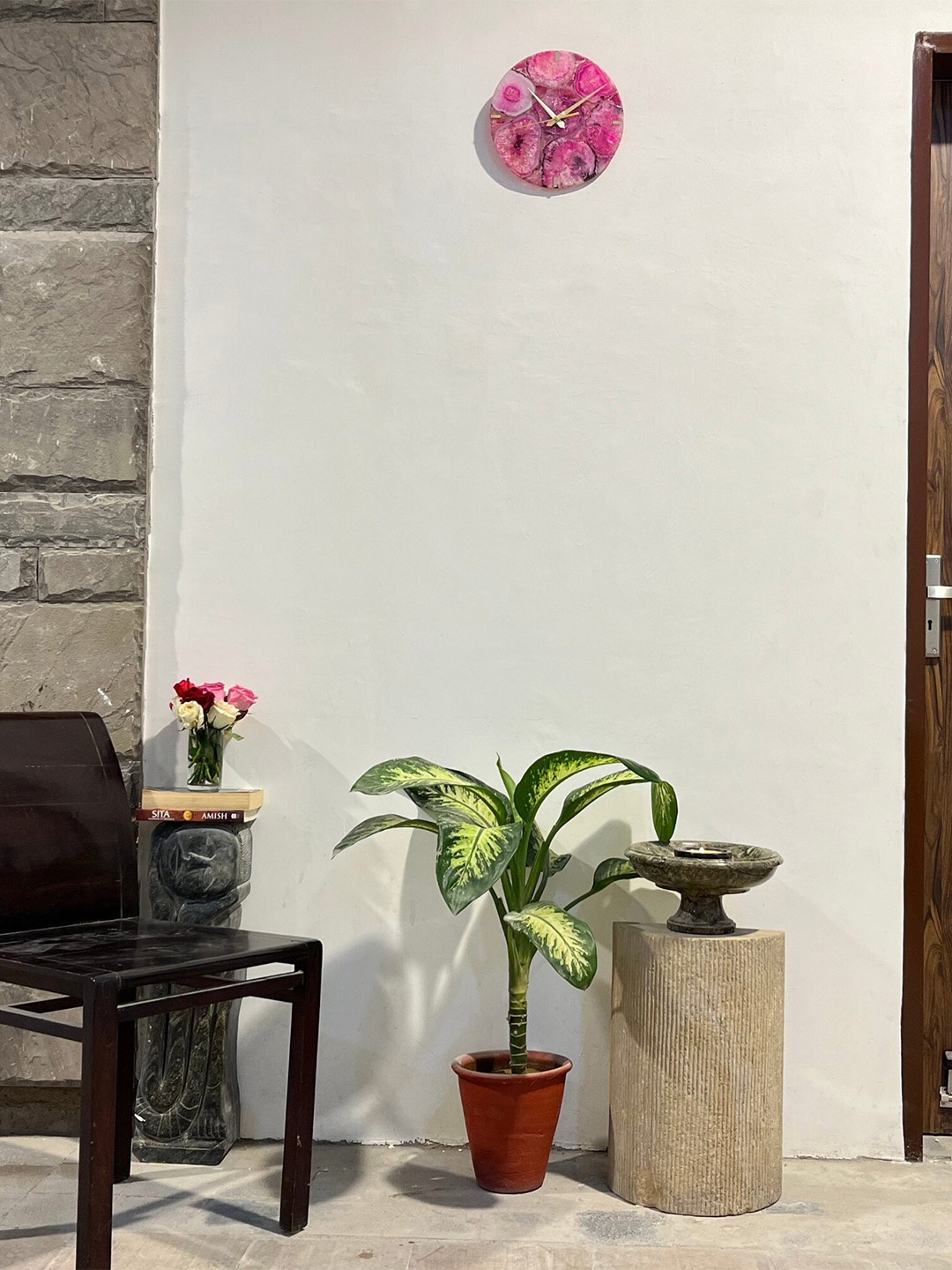 

HOMEARTE Pink & White Textured Round Vintage Wall Clock