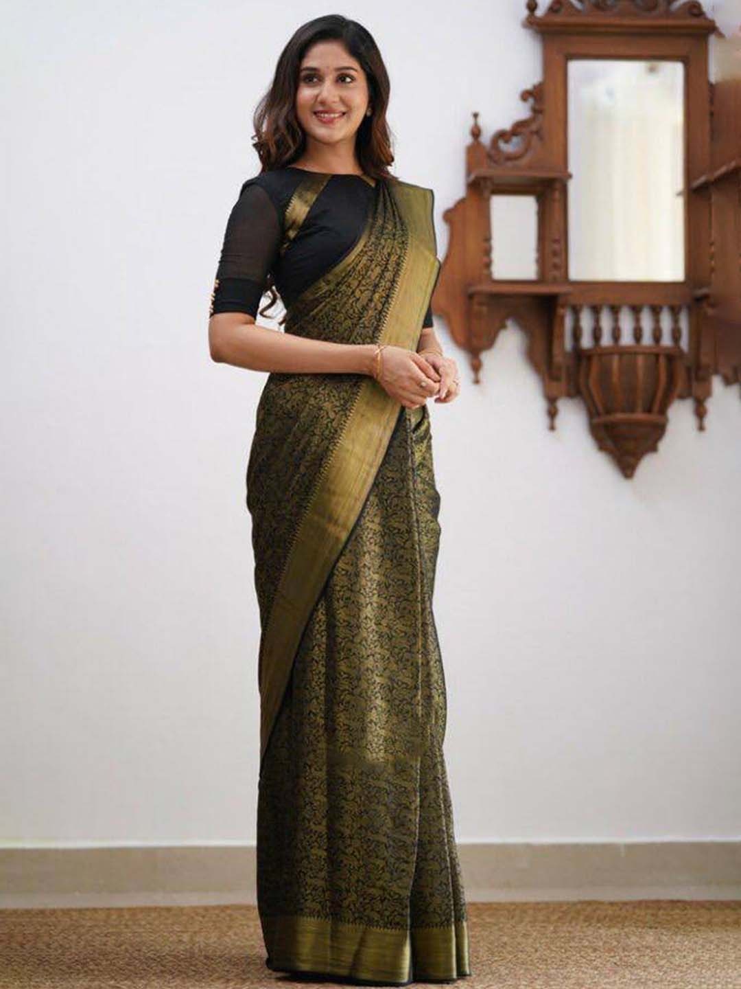 

AVANSHEE Woven Design Zari Silk Cotton Kanjeevaram Saree, Black