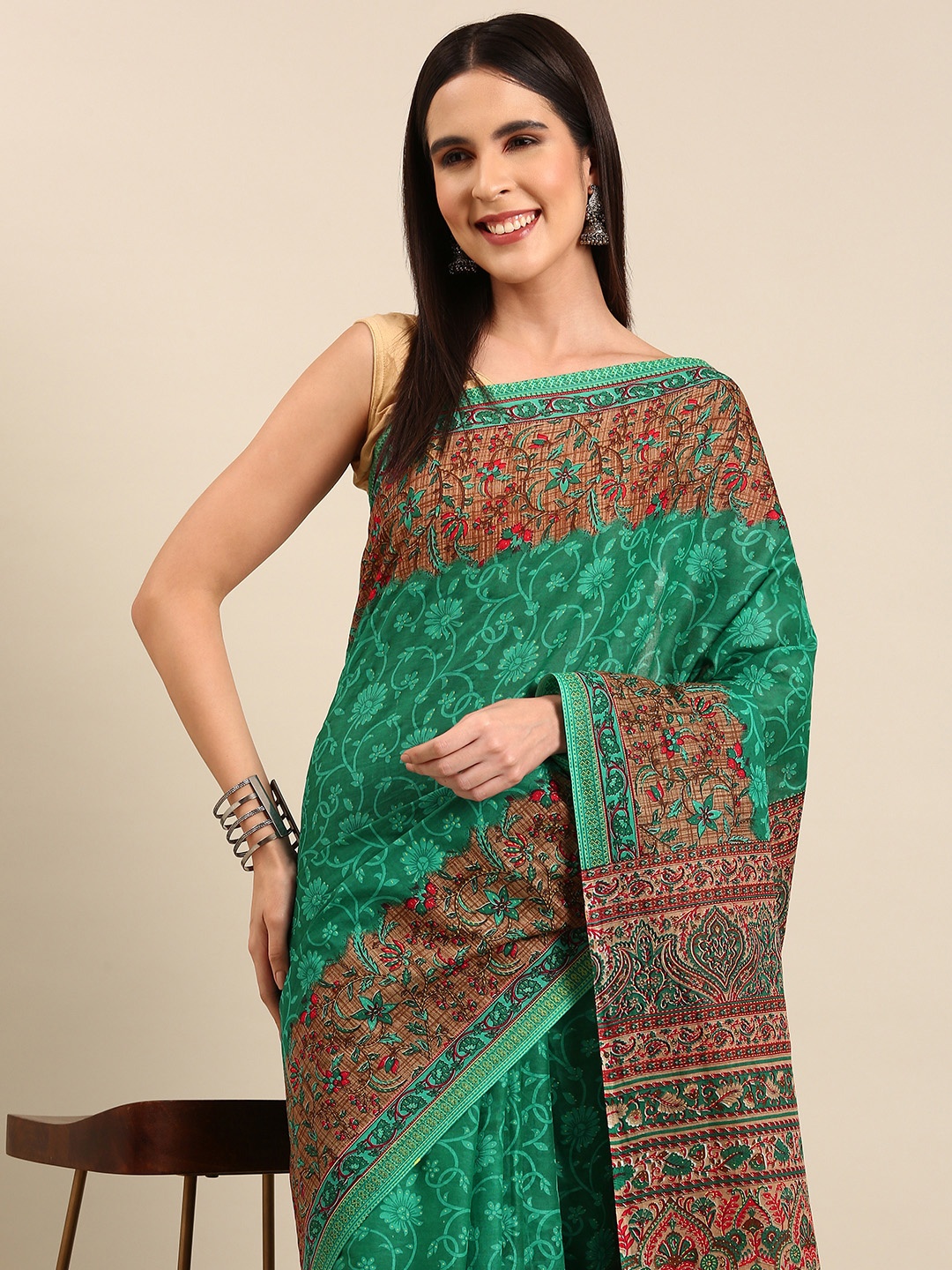 

SHANVIKA Floral Pure Cotton Saree, Green