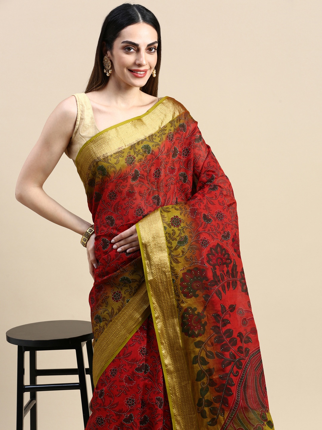 

SHANVIKA Floral Zari Pure Cotton Saree, Rust