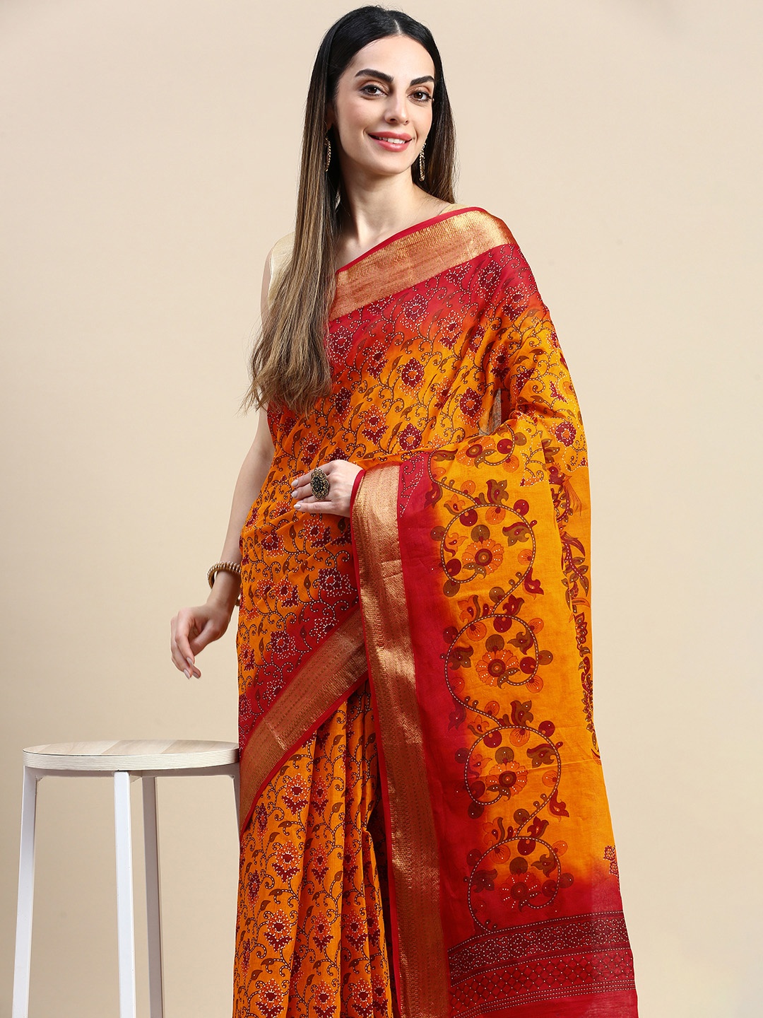 

SHANVIKA Floral Zari Pure Cotton Saree, Orange