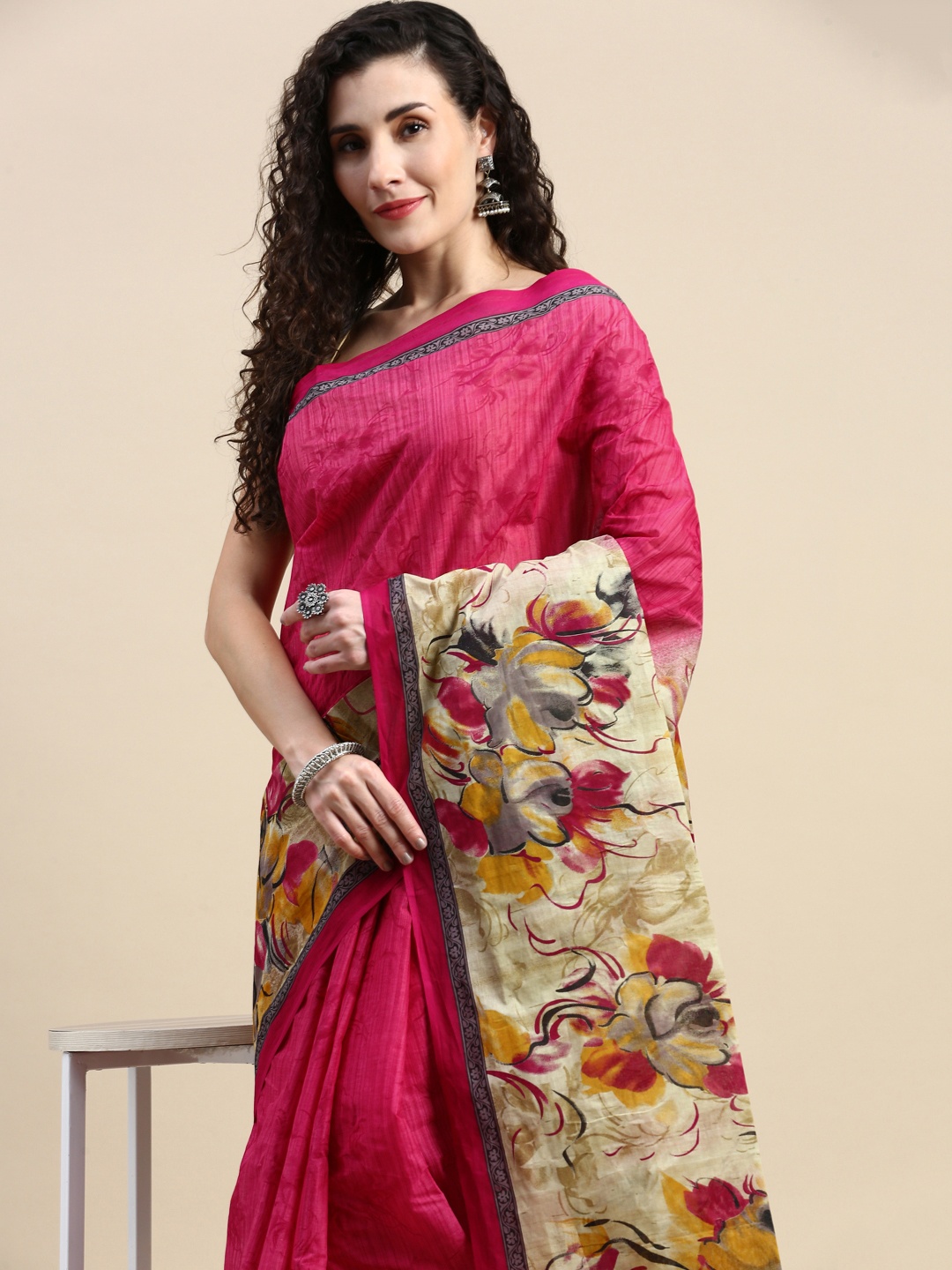 

SHANVIKA Floral Pure Cotton Saree, Pink