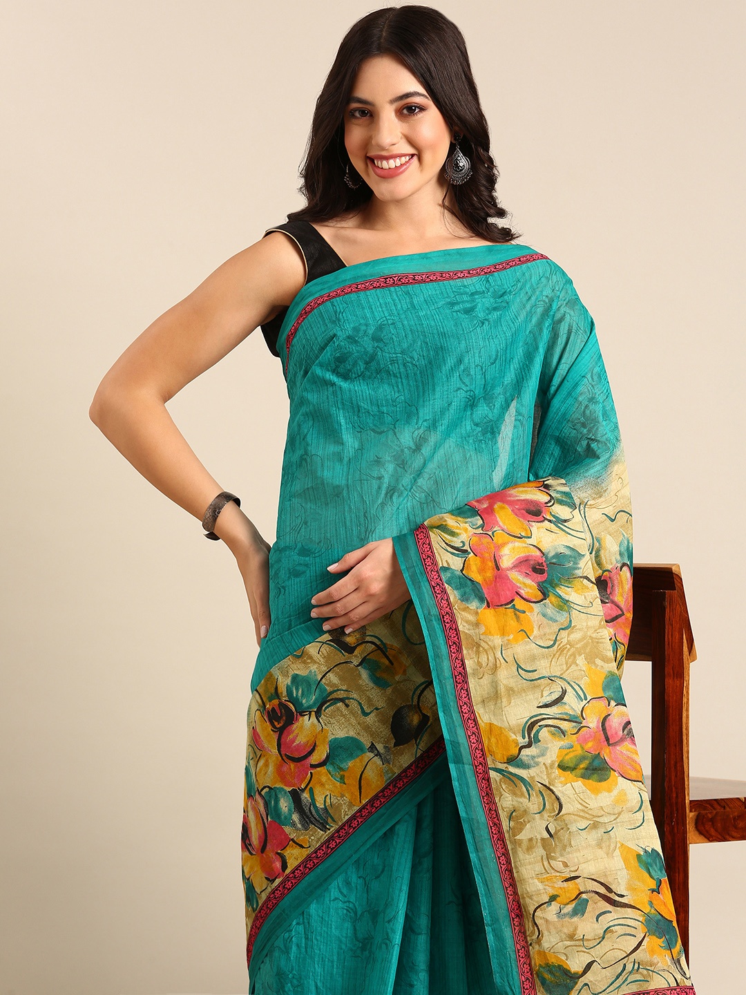 

SHANVIKA Floral Pure Cotton Saree, Turquoise blue