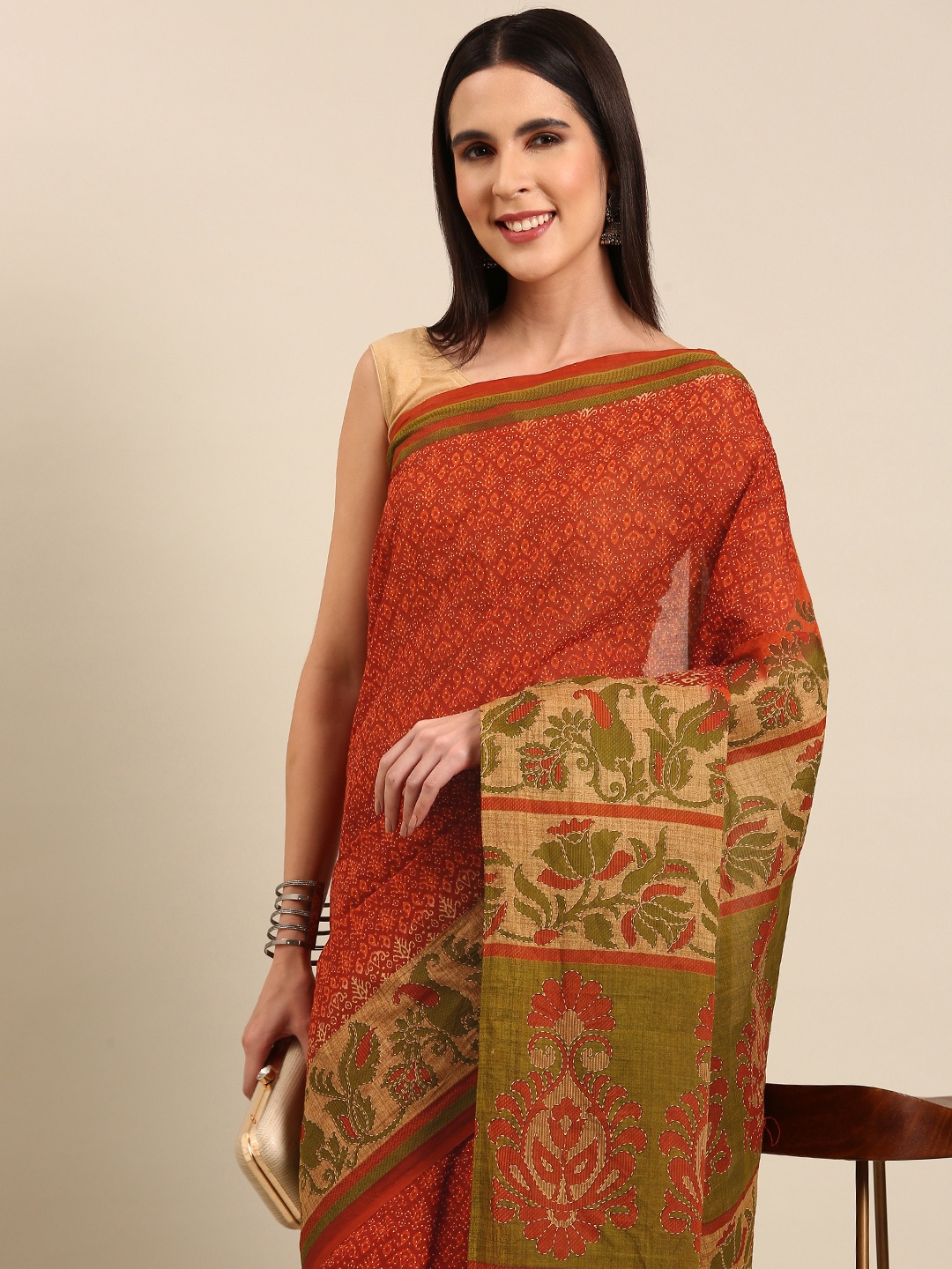 

SHANVIKA Ethnic Motifs Pure Cotton Saree, Rust