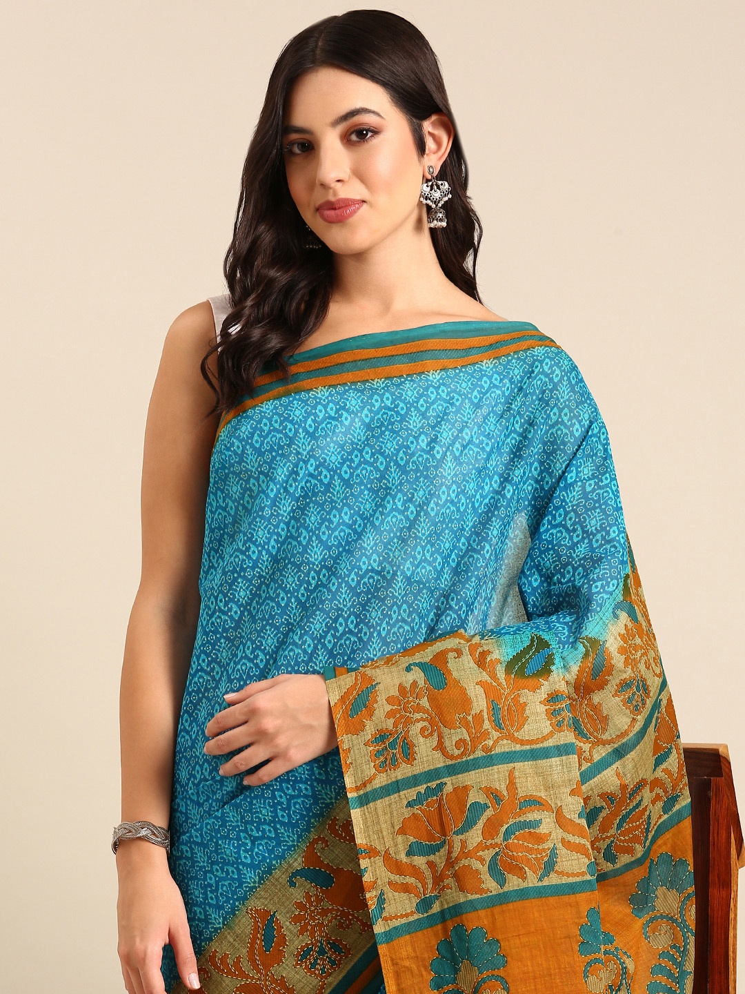 

SHANVIKA Ethnic Motifs Pure Cotton Saree, Turquoise blue