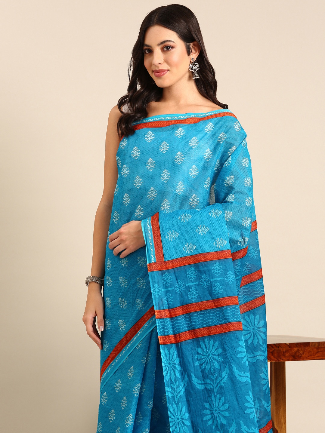 

SHANVIKA Ethnic Motifs Pure Cotton Saree, Turquoise blue