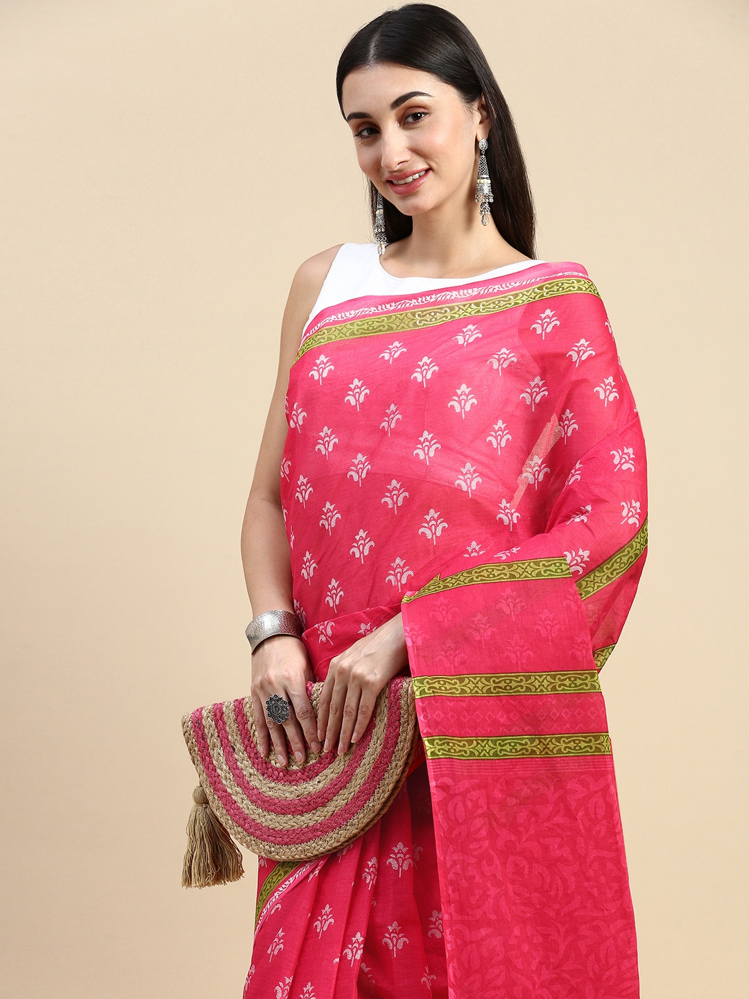 

SHANVIKA Ethnic Motifs Pure Cotton Saree, Pink