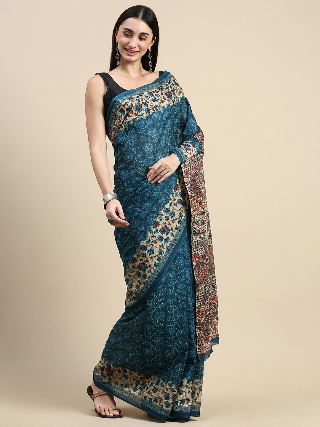 

SHANVIKA Floral Pure Cotton Saree, Teal