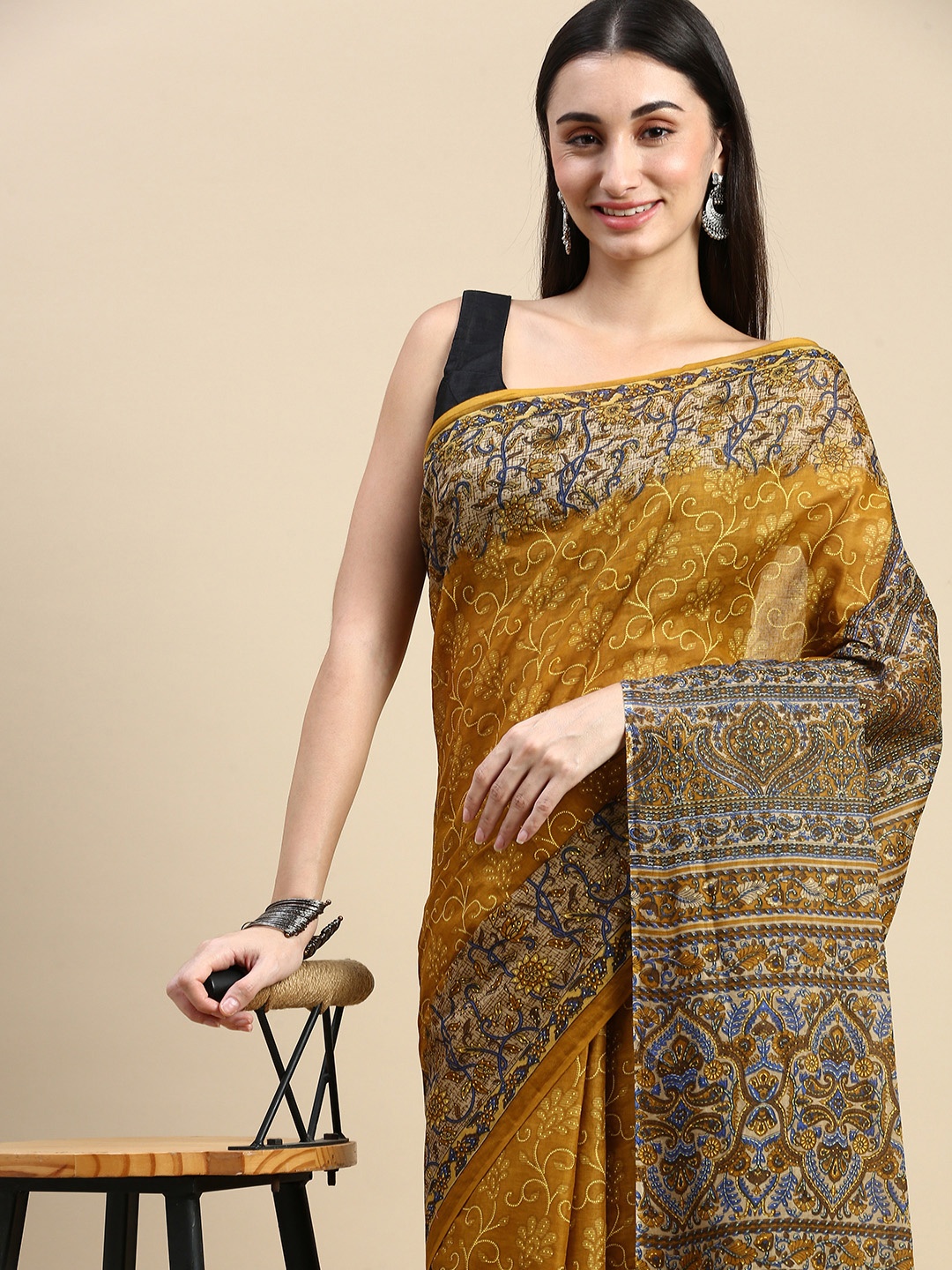 

SHANVIKA Floral Pure Cotton Saree, Mustard