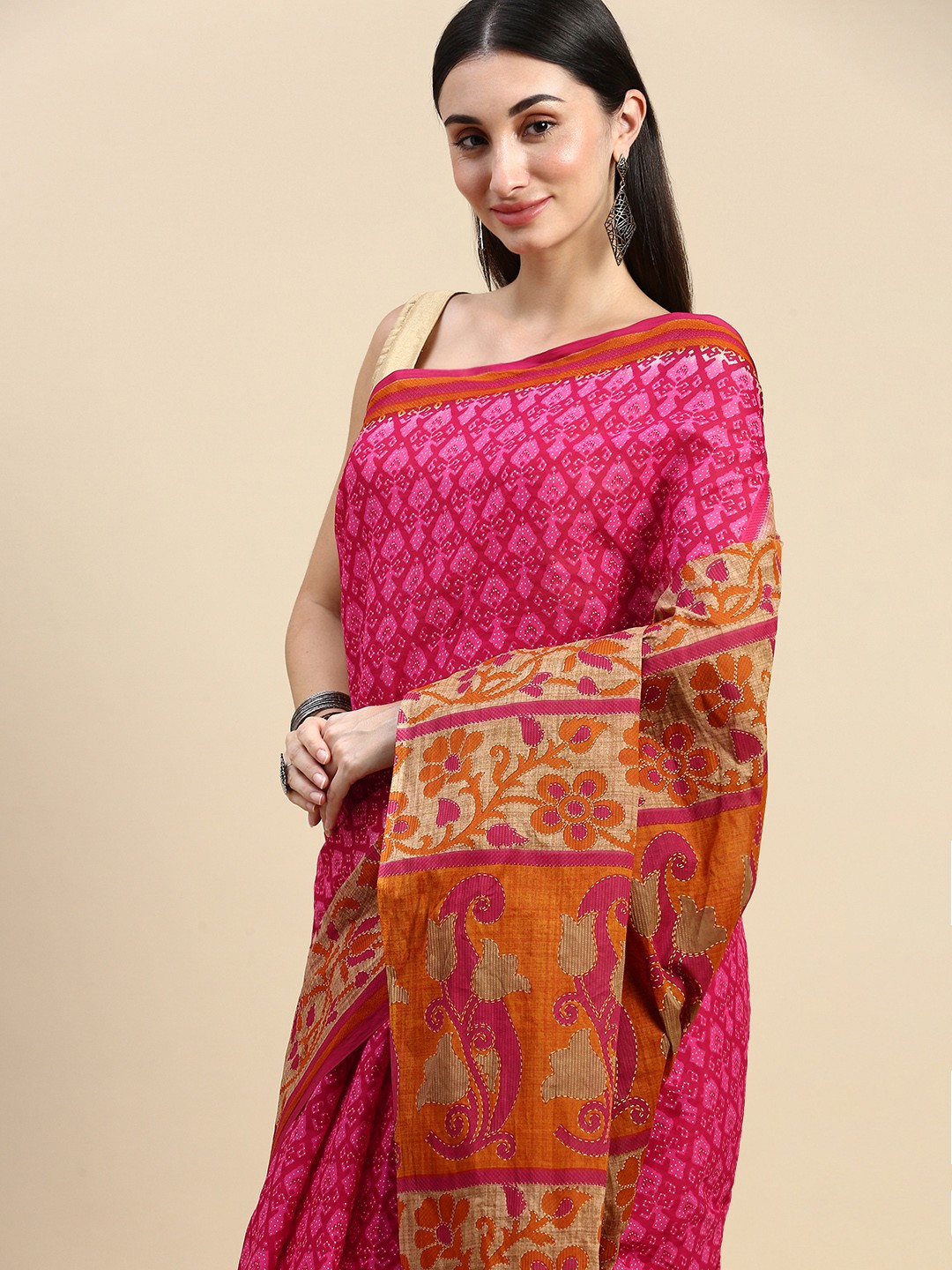 

SHANVIKA Ethnic Motifs Pure Cotton Saree, Pink