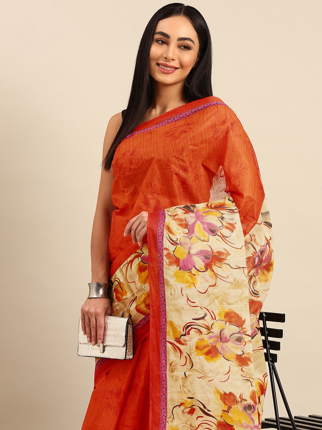 

SHANVIKA Floral Pure Cotton Saree, Orange