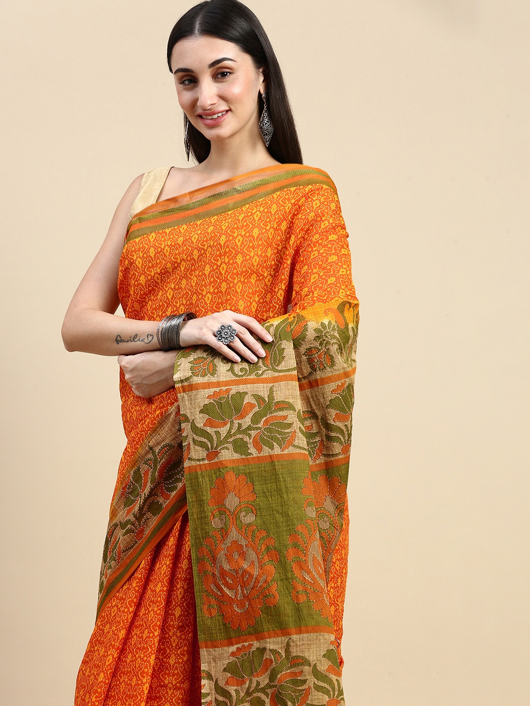 

SHANVIKA Ethnic Motifs Pure Cotton Saree, Orange