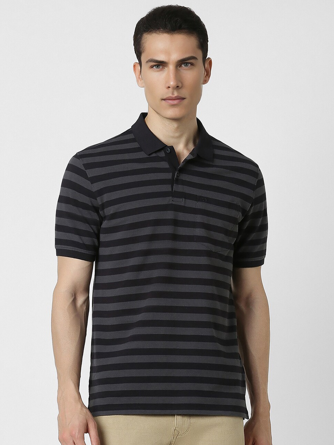 

Peter England Cotton Short Sleeves Striped Polo Collar Pockets T-shirt, Grey