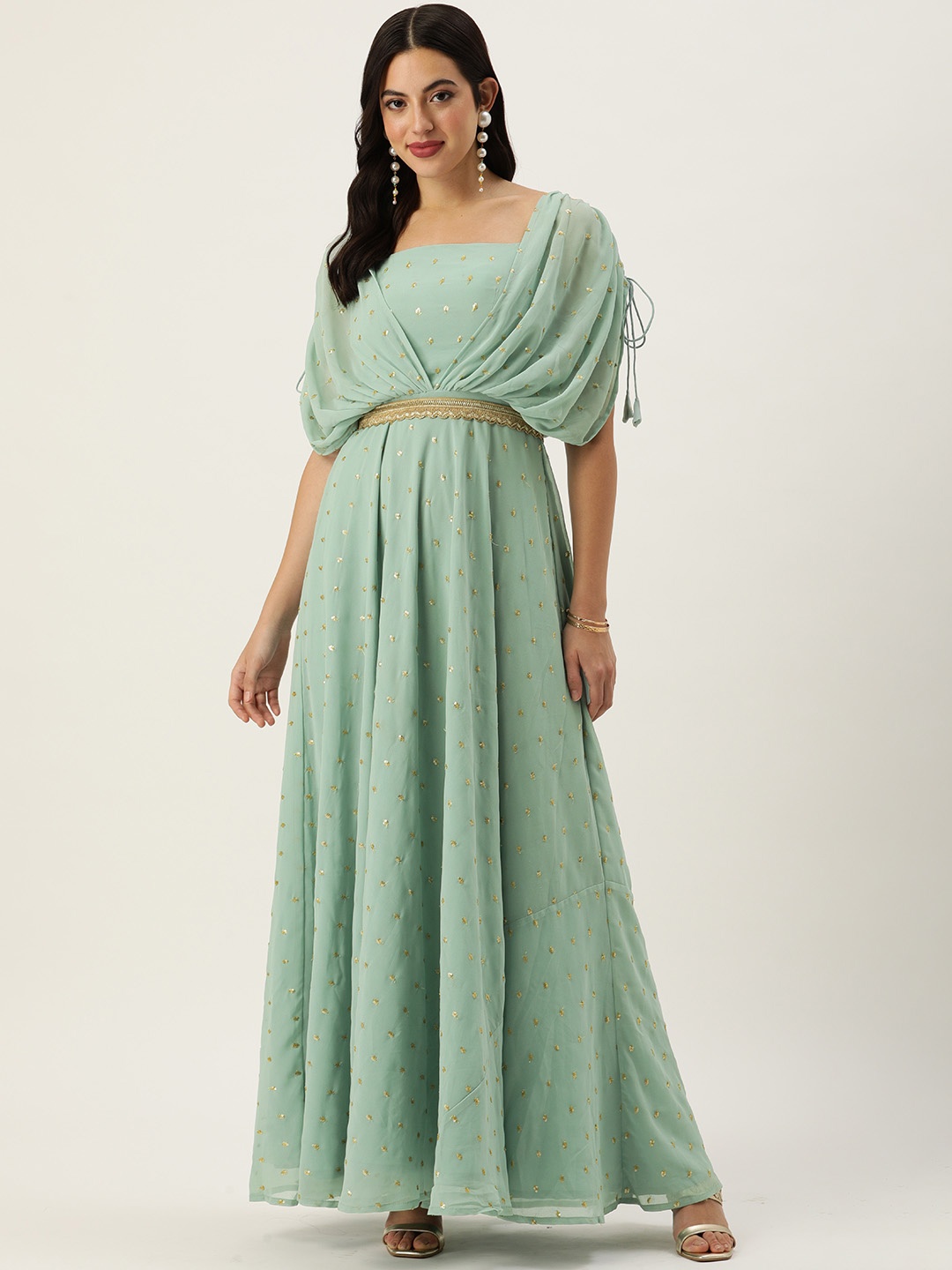 

Ethnovog Embellished Sequinned Batwing Sleeves Georgette Maxi Ethnic Gown, Green