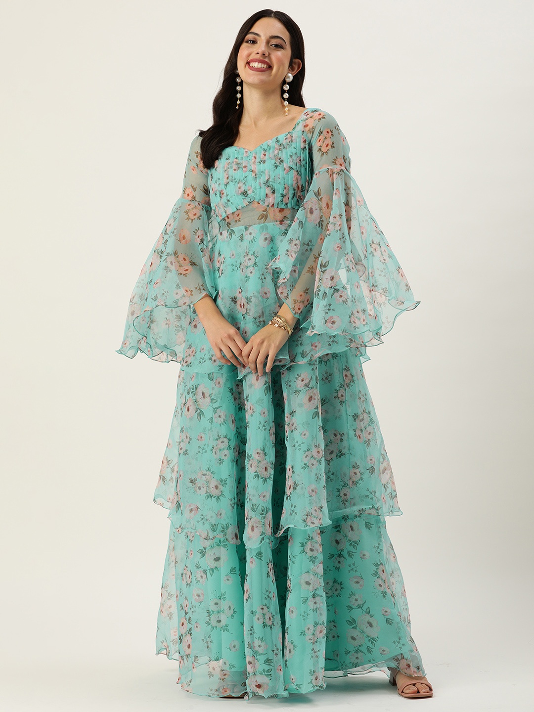 

Ethnovog Floral Print Bell Sleeves Sweetheart Neck Layered Maxi Dress, Blue