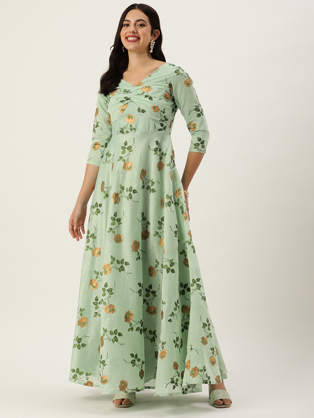 

Ethnovog Floral Print Maxi Ethnic Gown, Sea green