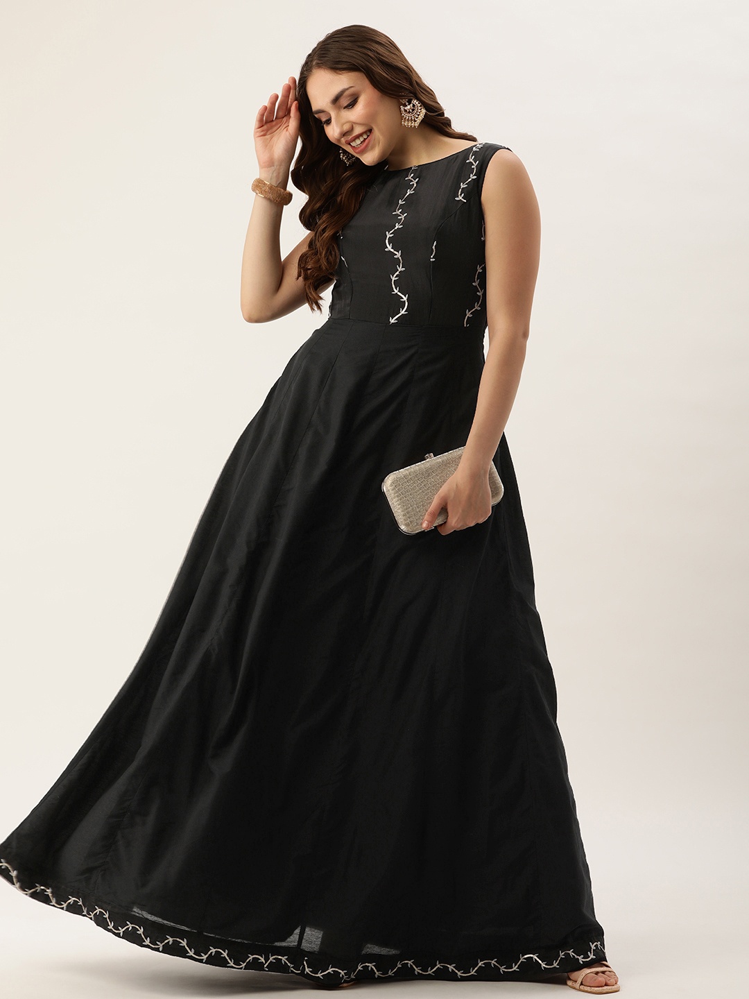 

Ethnovog Embroidered Sequined Gown Ethnic Dress, Black