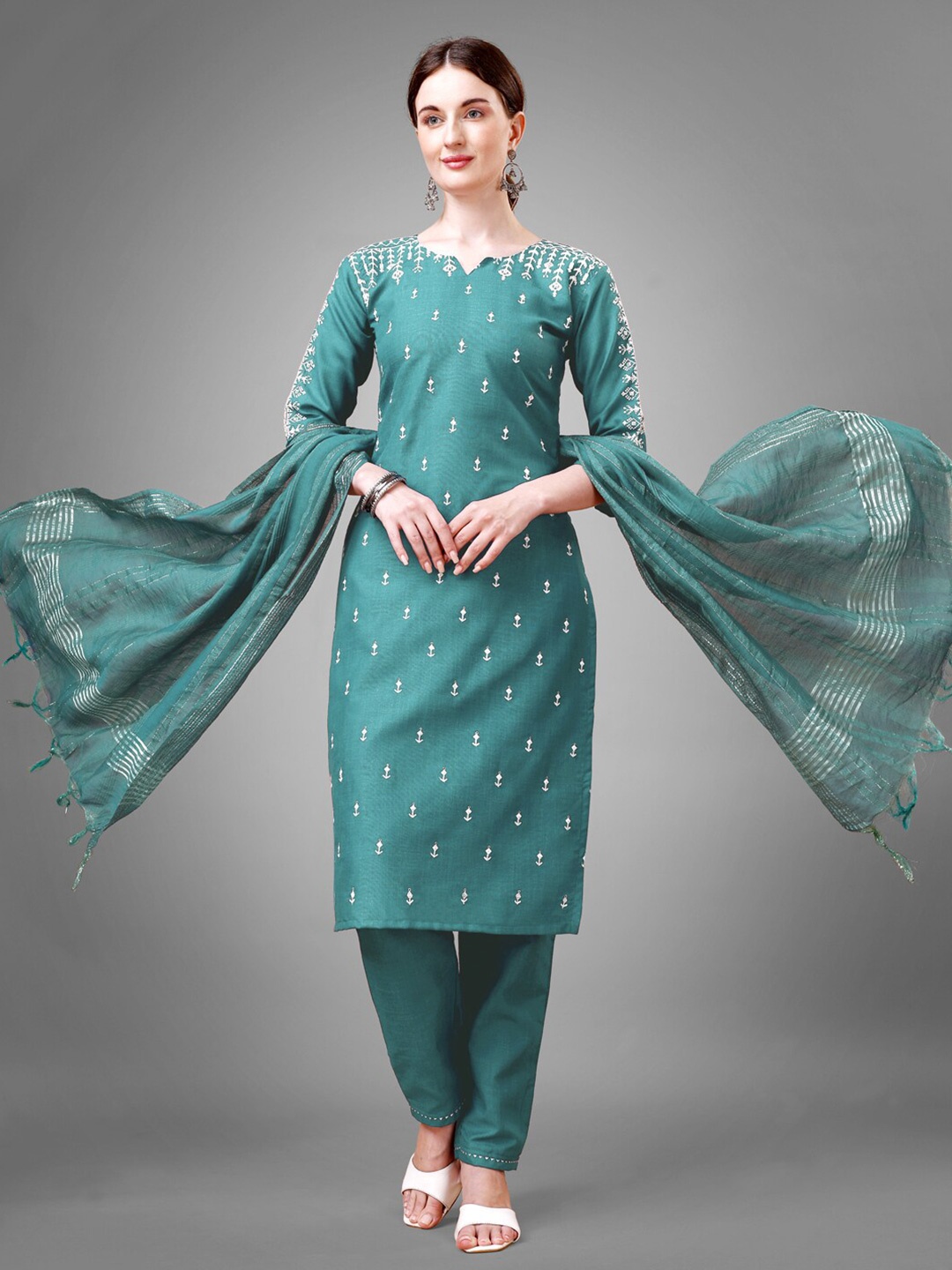 

ARADHNA Ethnic Motifs Embroidered Regular Thread Work Kurta With Trousers & Dupatta, Teal