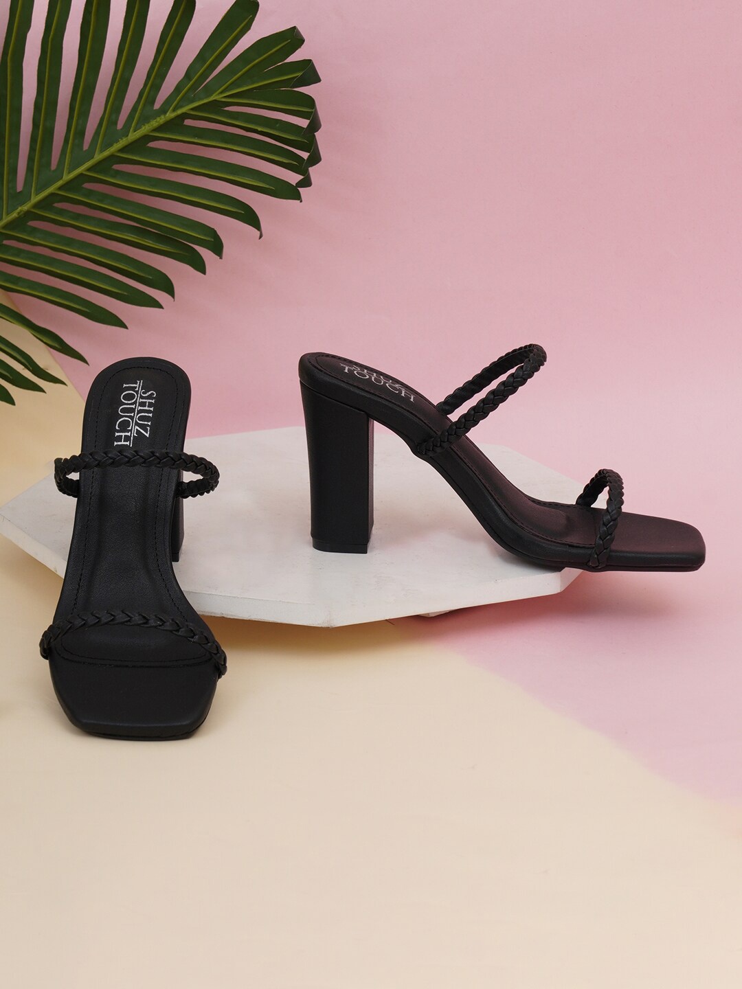 

SHUZ TOUCH Textured Open Toe Block Heels, Black