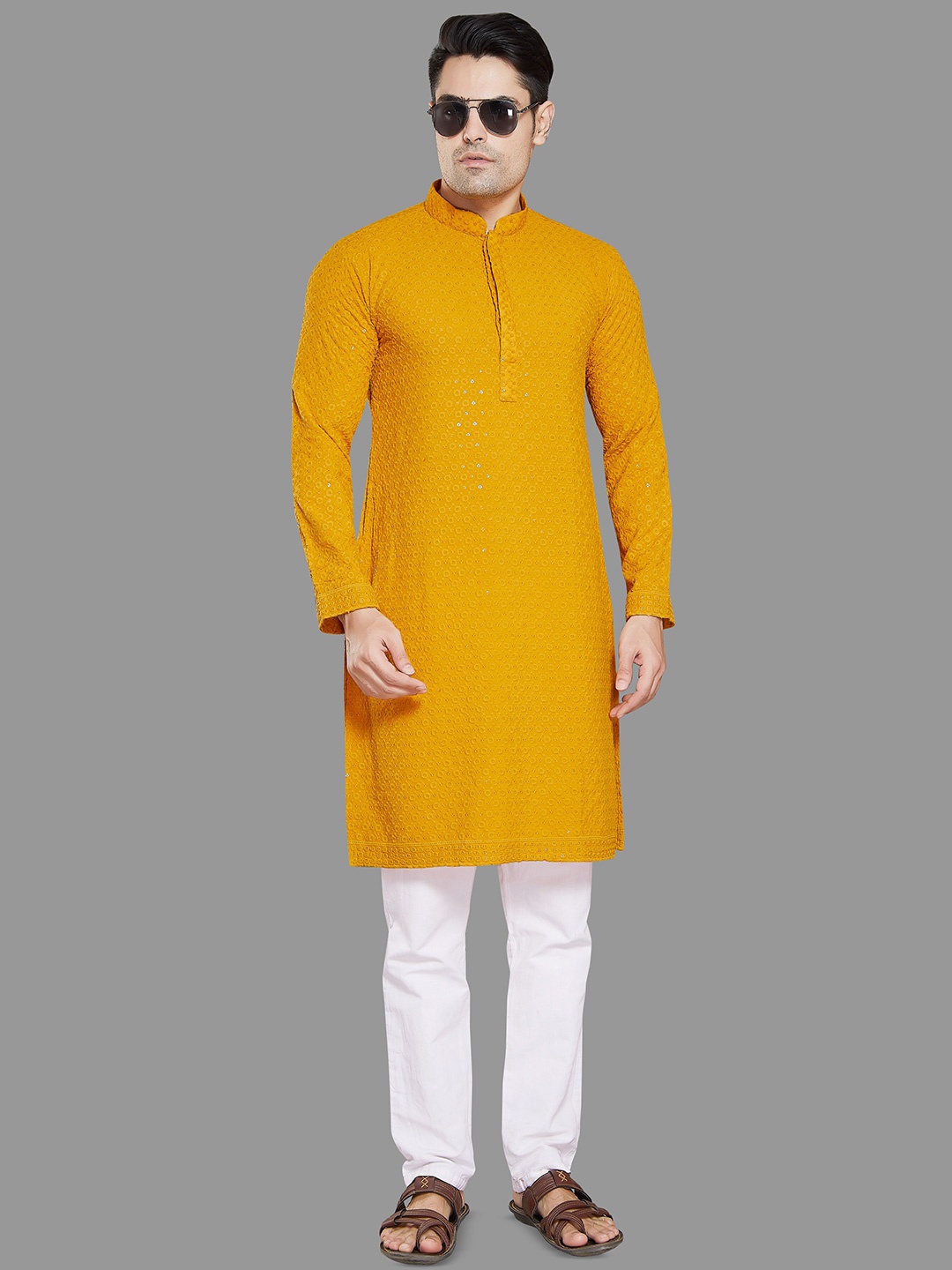 

Rani Saahiba Floral Embroidered Mandarin Collar Sequinned Straight Kurta, Mustard