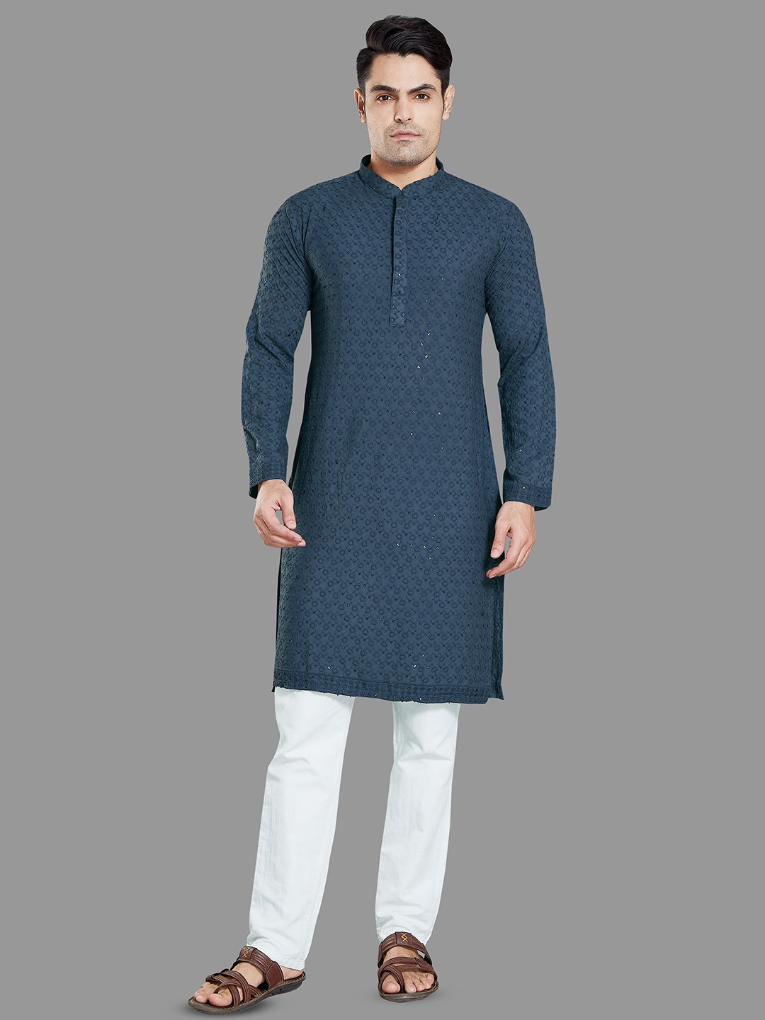 

Rani Saahiba Geometric Embroidered Mandarin Collar Sequinned Straight Kurta, Grey