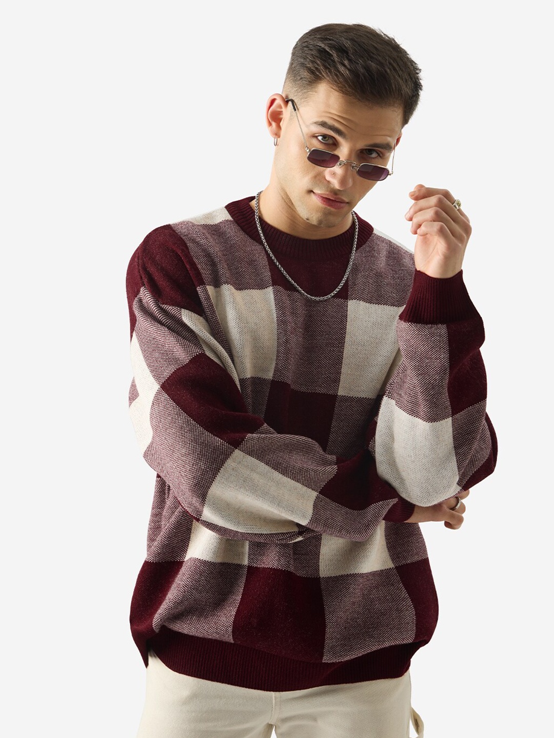 

The Souled Store Burgundy Checked Pullover Acrylic Sweatshirt