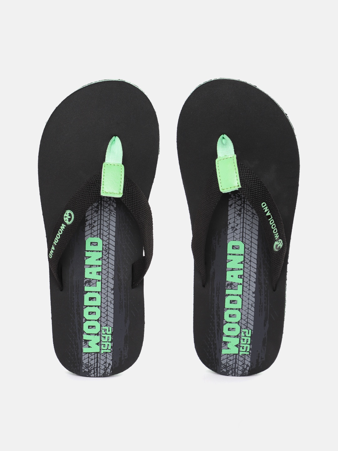 Woodland Men Brand Name Printed Rubber Thong Flip-Flops, Black