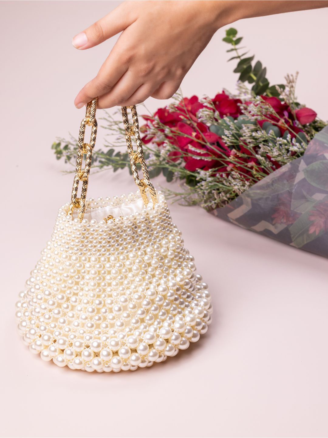 

The Leather Garden Embellished Handheld Bag, Off white