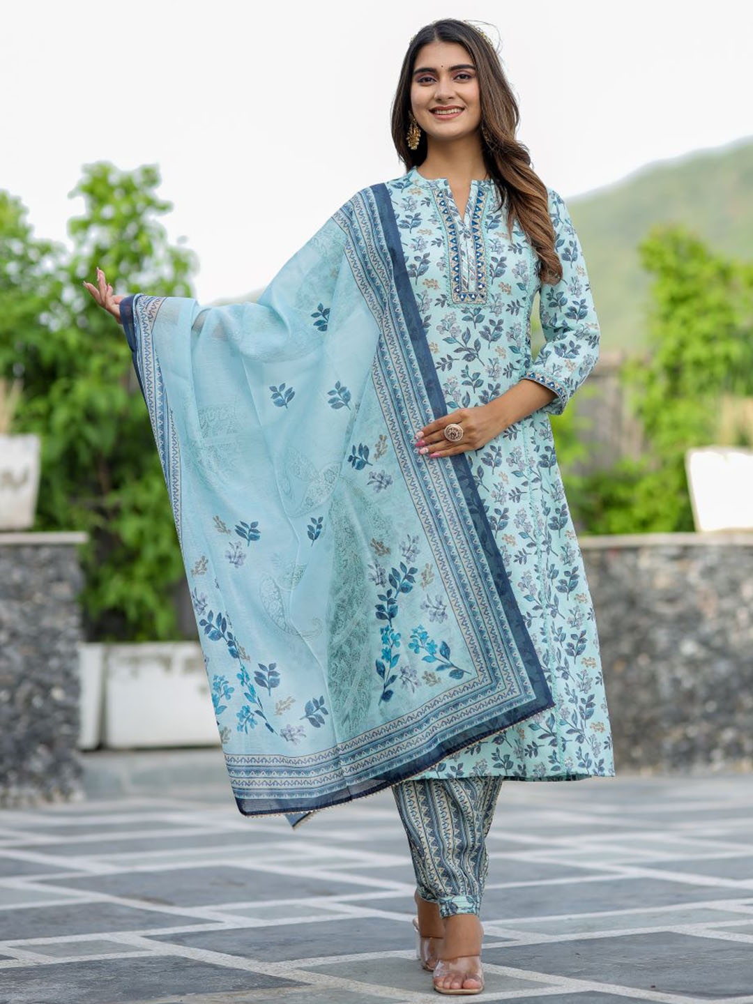 Chandbaali Floral Printed Mirror Work Detailed A-Line Kurta & Trouser With Dupatta, Blue