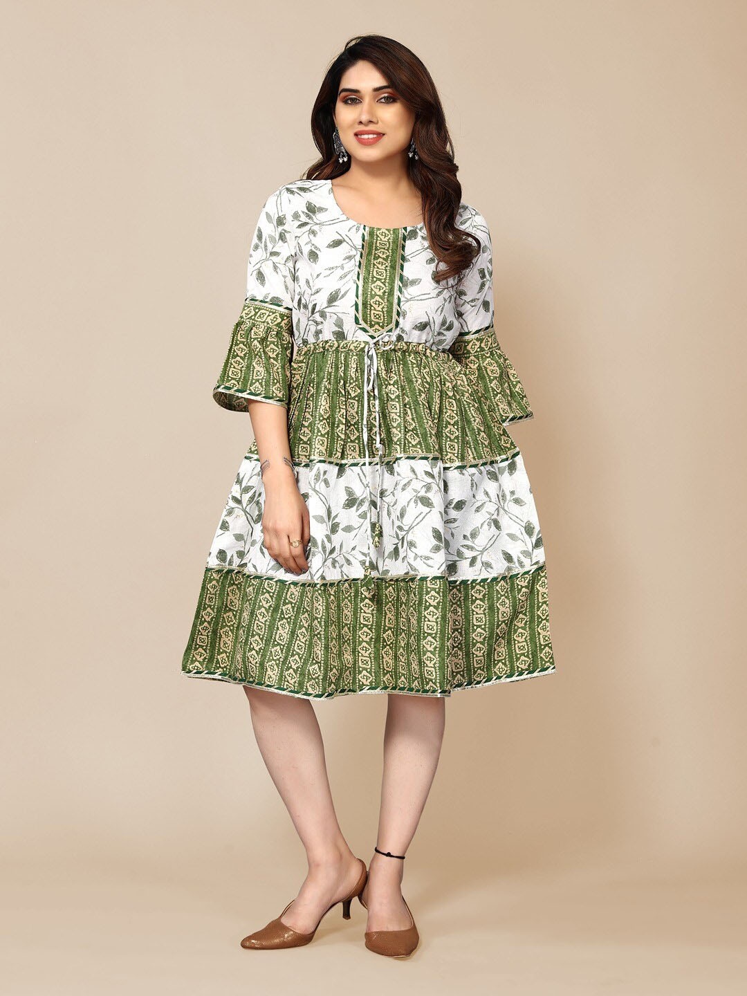 

Krimmple Floral Printed Bell Sleeves Midi Ethnic Dresses, Green