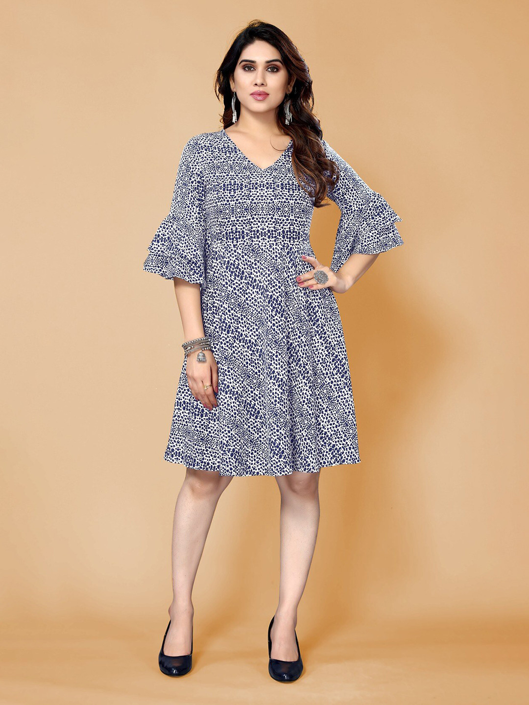 

Krimmple Abstract Printed V-Neck Bell Sleeves Fit & Flared Midi Ethnic Dress, Blue