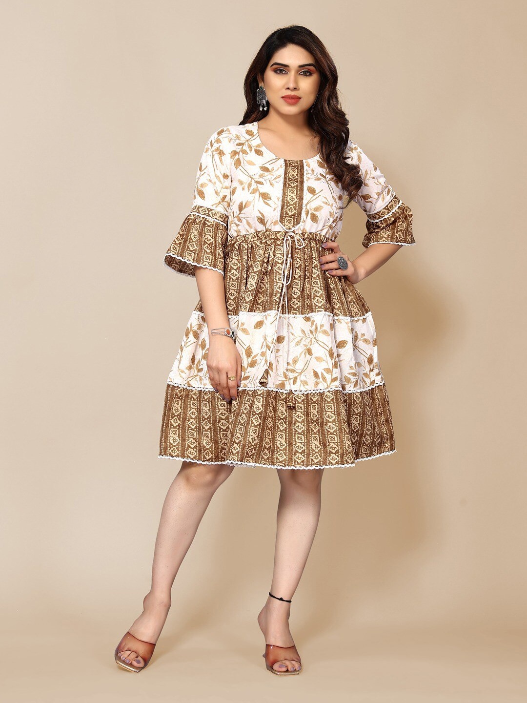 

Krimmple Floral Printed Ethnic Dress, Brown