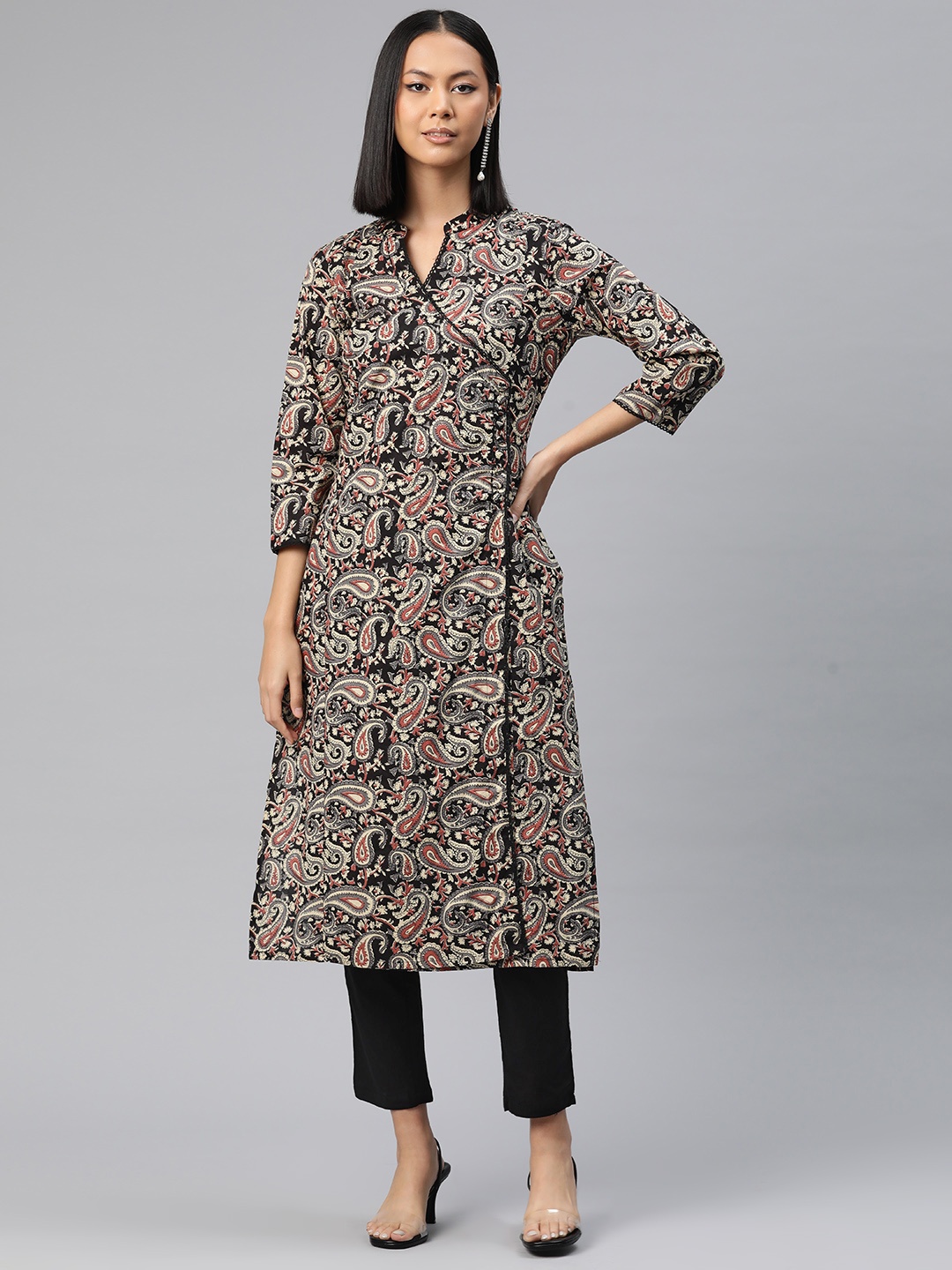 

Readiprint Paisley Printed Angrakha Pure Cotton Kurta with Salwar, Black