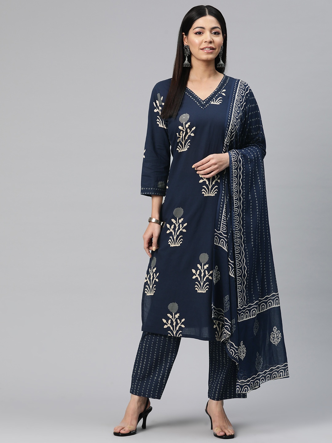 Readiprint Floral Printed Thread Work Pure Cotton Kurta with Trousers & Dupatta, Navy blue