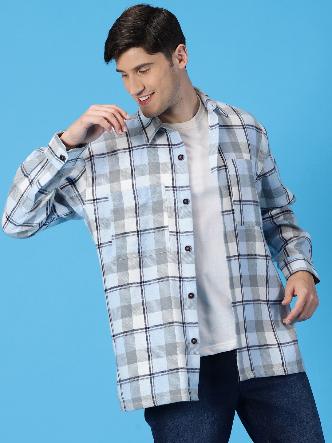 

Mast & Harbour Blue Standard Checked Oversized Shacket