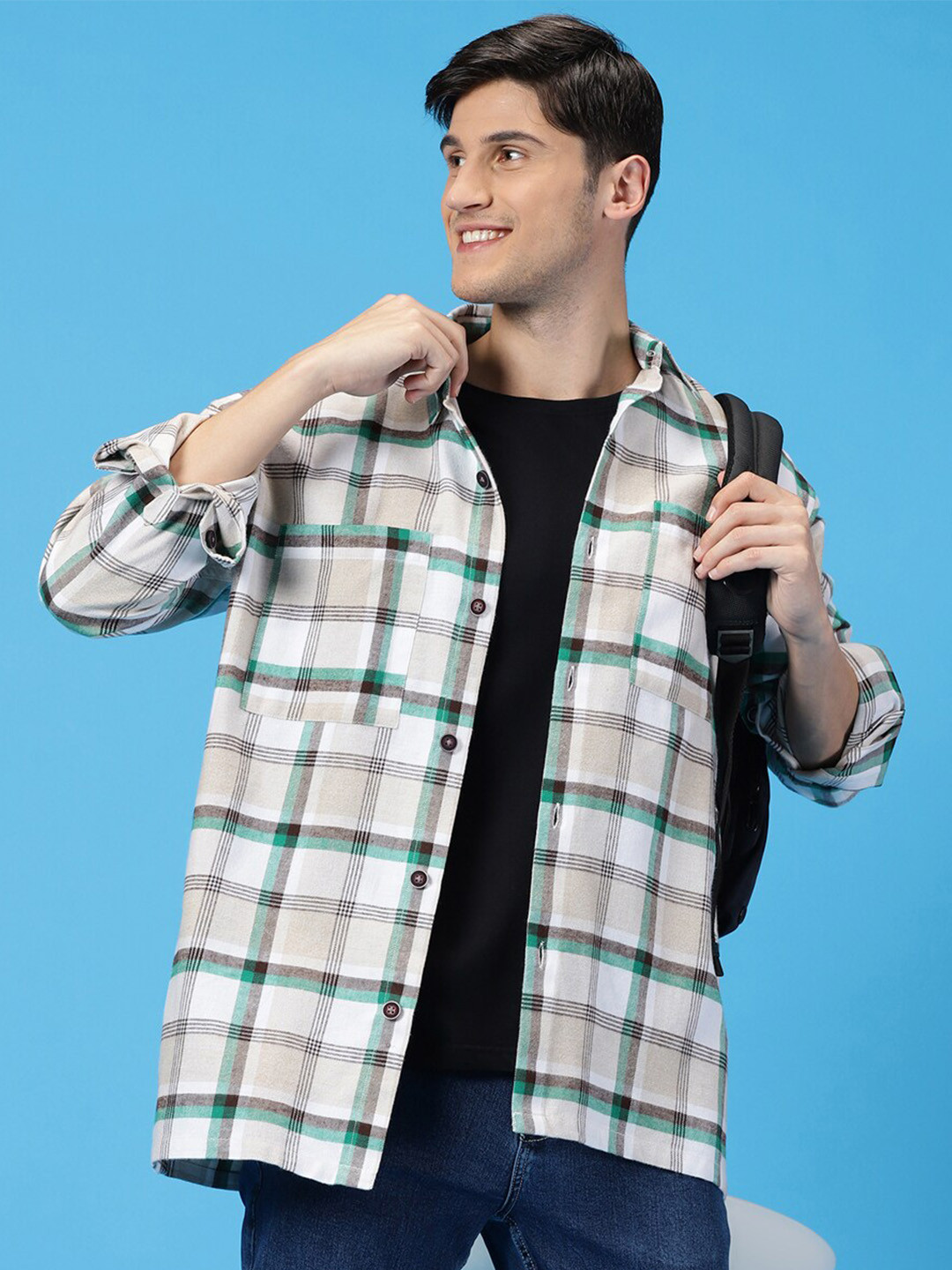 

Mast & Harbour Green Standard Checked Cotton Oversized Shacket
