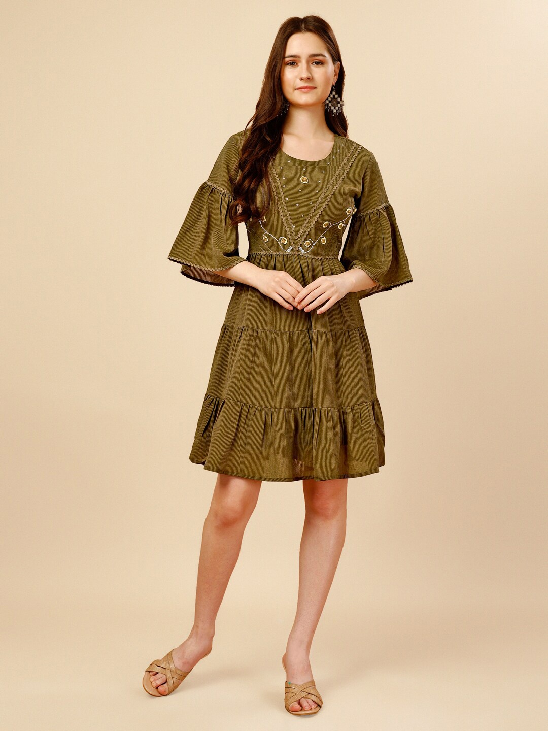 

NAINVISH Embellished Bell Sleeve Fit & Flare Dress, Green