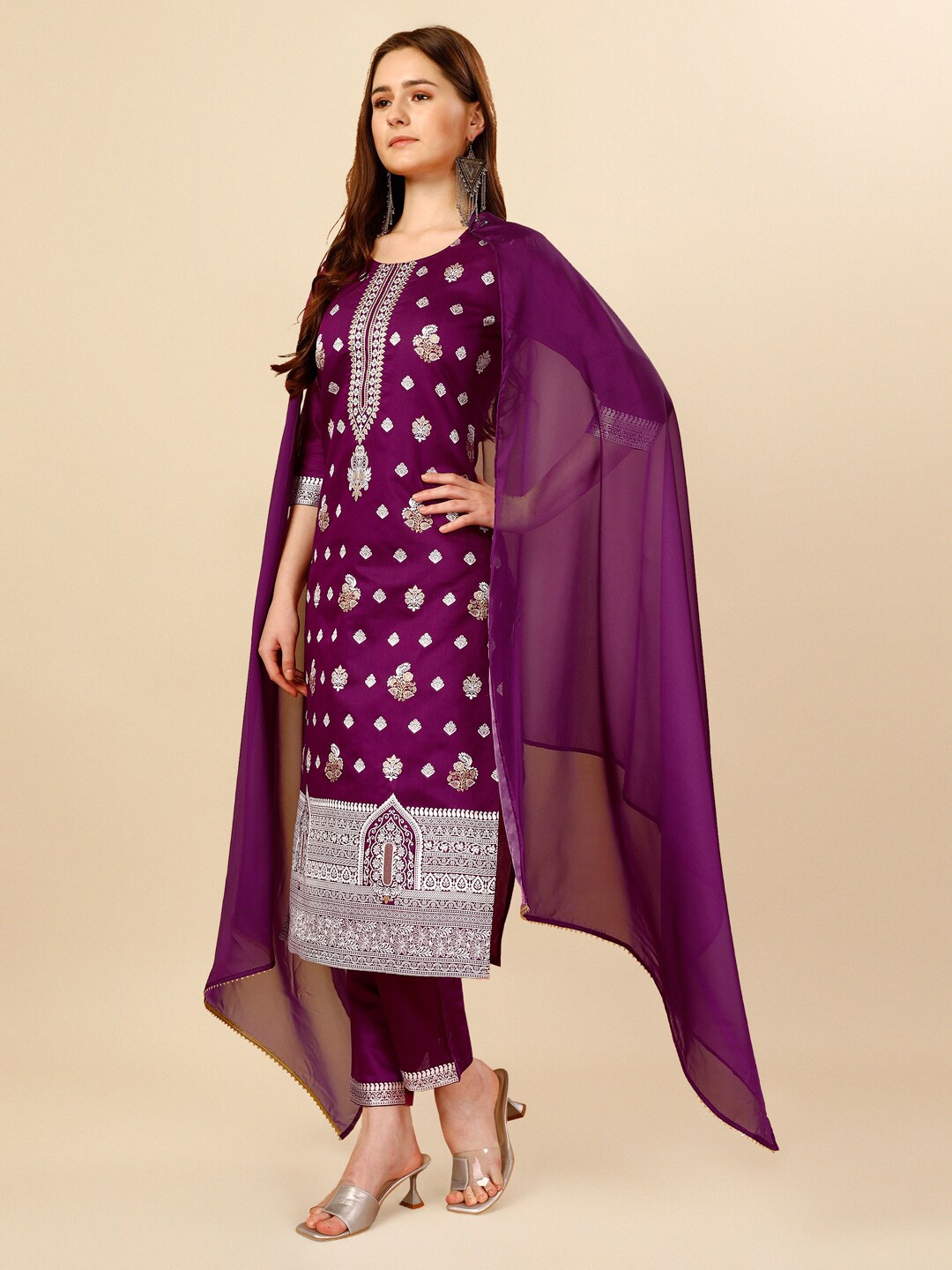 

NAINVISH Ethnic Motifs Printed Chanderi Silk Kurta with Trousers & With Dupatta, Purple