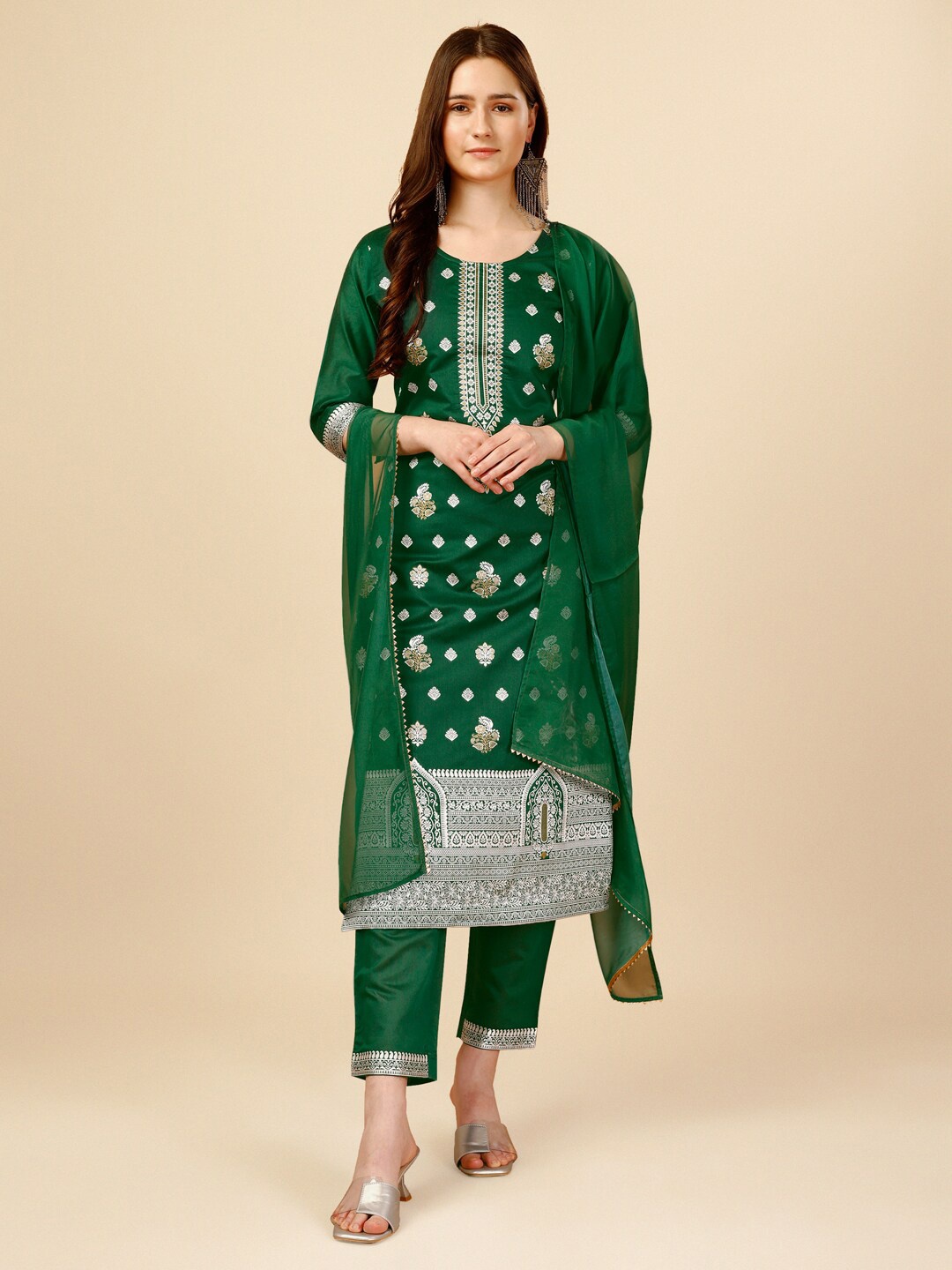 

NAINVISH Ethnic Motifs Chanderi Silk Kurta with Trousers & With Dupatta, Green
