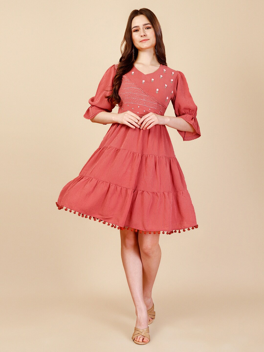 

NAINVISH Self Design Bell Sleeve Embroidered Knee Length Fit & Flare Dress, Pink