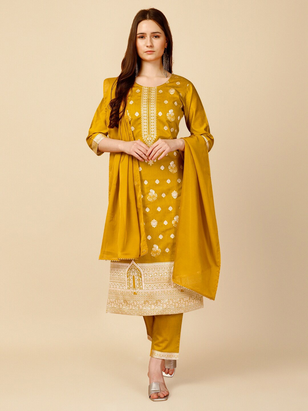 

NAINVISH Ethnic Motifs Printed Chanderi Silk Kurta with Trousers & With Dupatta, Yellow