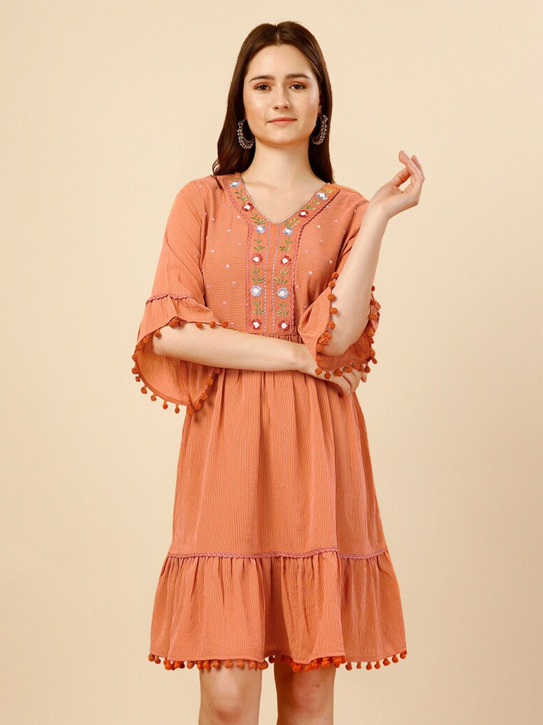 

NAINVISH Women Orange Bell Sleeve A-Line Dress