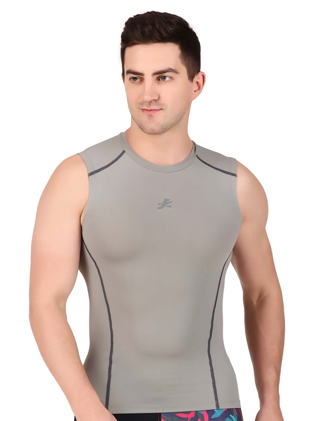 

REDESIGN Round neck Sleeveless Compression T-shirt, Grey