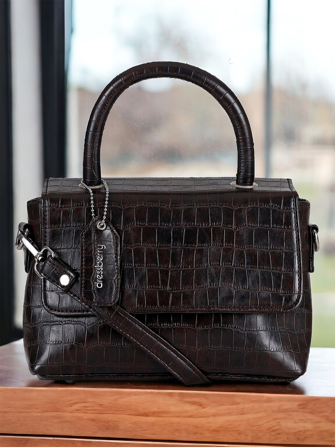 

DressBerry Brown Animal Textured Structured Satchel Bag